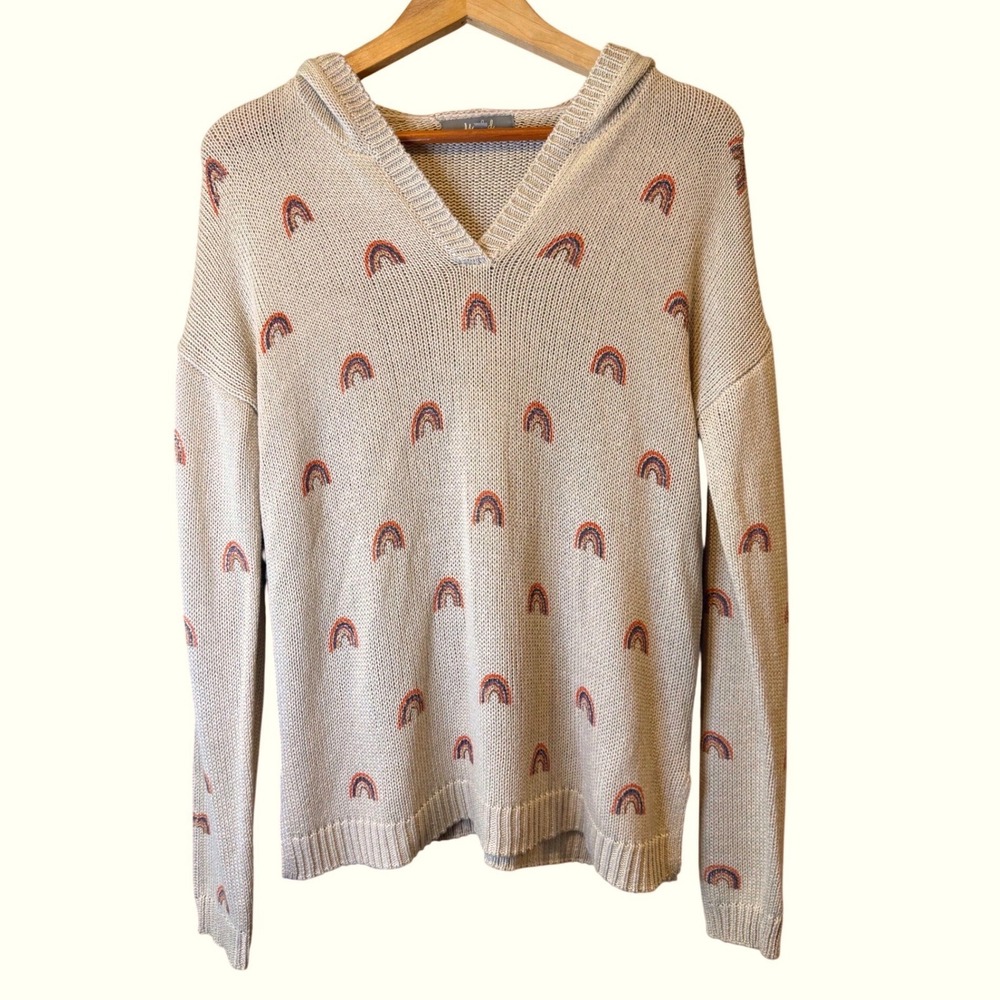 Marled Reunited Clothing Rainbow Hooded Knit Sweater Beige Large